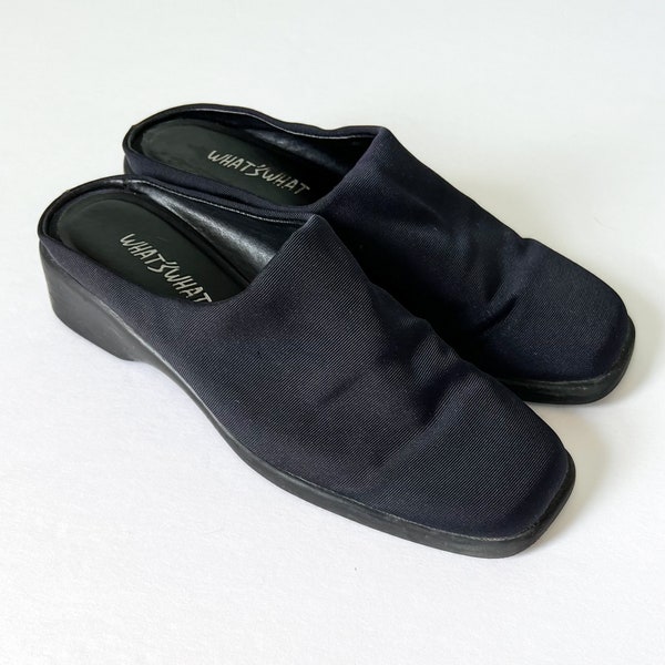 Vintage 90s Shoes, 1990s Y2K Whats What Black Chunky Mules, Square Toe Open Back Low Heel Slip On Clogs Slides Minimalist Grunge, Size 7 7.5