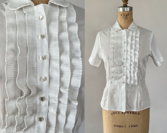 Vintage 70s Blouse, 1970s White Polyester Tuxedo Style Button Down Shirt, Short Sleeve Collared Ruffled Top, As Is, Extra Small XS S