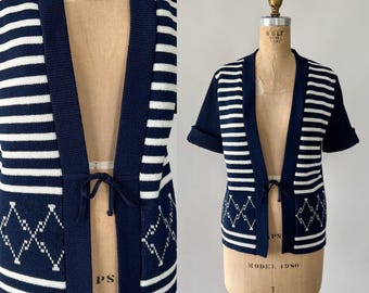 Vintage 70s Sweater, 1970s Navy White Acrylic Striped Cardigan, Diamond Patterned Short Sleeve Open Front Tie Sweater, Small S
