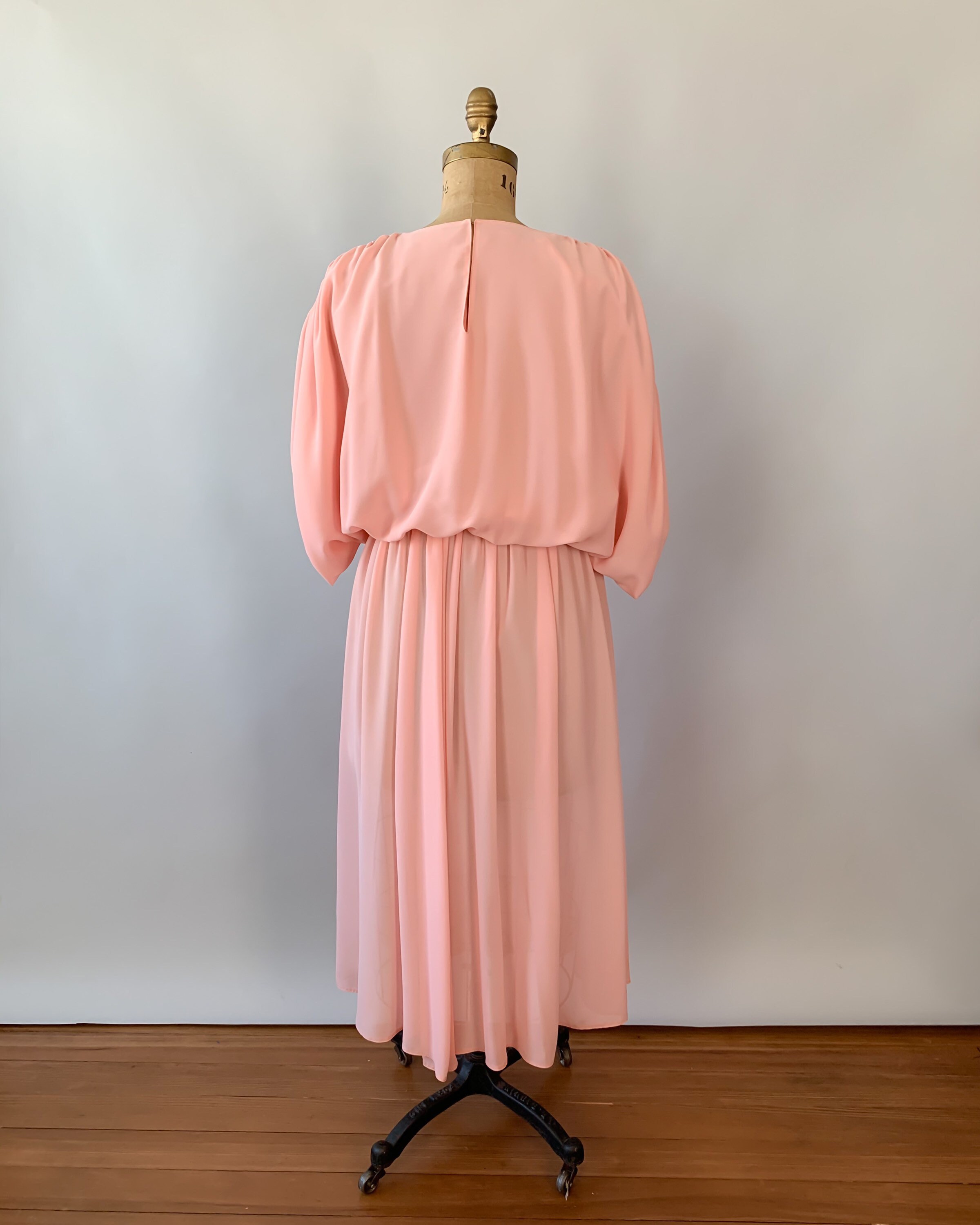 Vintage 1970s 1980s peach pink batwing sleeves midi dress / 70s 80s ...