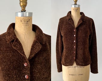 Vintage 90s Sweater, 1990s Jamie Scott Dark Brown Chenille Acrylic Knit Collared Cardigan, Button Front Teddy Sweater, Small S Medium M