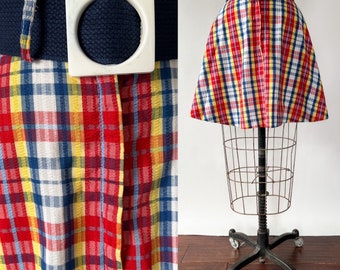 Vintage 70s Skirt, 1970s Plaid Seersucker Mini Skater Skirt, Red Blue Yellow Full Skirt, Mod Belt Buckle, Extra Small, W24 W25