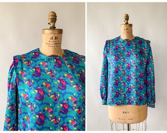 Vintage 80s blouse, 1980s abstract floral puff sleeve blouse, multicolored floral blouse, 80s statement blouse, Large