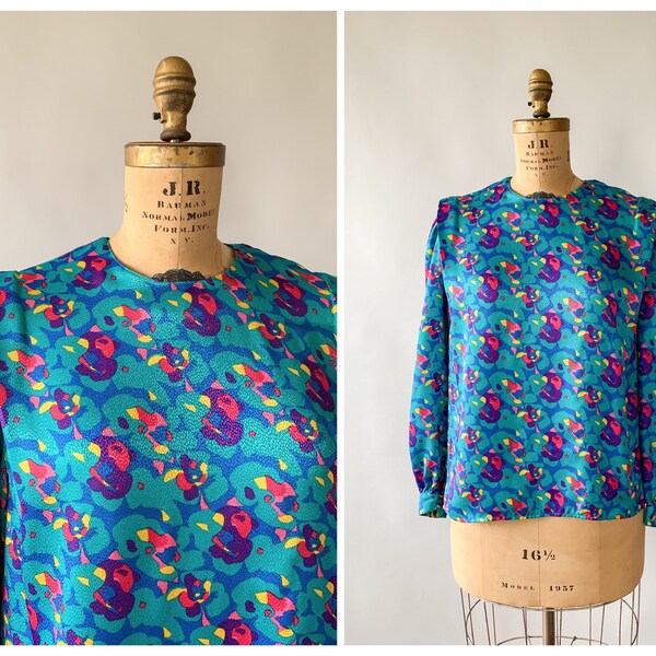 Vintage 80s blouse, 1980s abstract floral puff sleeve blouse, multicolored floral blouse, 80s statement blouse, Large