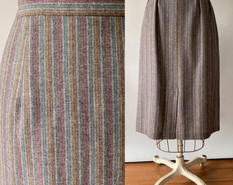 Vintage 1980s gray wool multicolored stripe pencil skirt / Medium W29