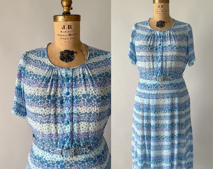 Featured listing image: Vintage 40s Dress, 1940s Blue Purple Floral Daisy Print Sheer Rayon Day Dress, Scoop Neck Belted Pleated Midi Skirt, Medium M Large L