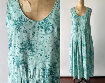 Vintage 80s Dress, 1980s Teal Green Floral Print Cotton Pleated Midi, Sleeveless Pinafore Jumper, Cottagecore Market Dress, Small Medium
