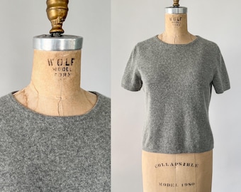 Vintage 90s Sweater, 1990s Heathered Gray Cashmere Wool Cropped Sweater, Short Sleeve Crew Neck Boxy Pullover Knit Crop Top, Small S Medium