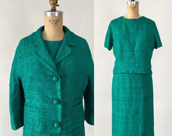 Vintage 60s Suit, 1960s Jack Feit Turquoise Green Raw Silk Boucle Skirt Suit, Boxy Top Jacket Pencil Skirt 3PC Set, Small Medium 27 28 Waist