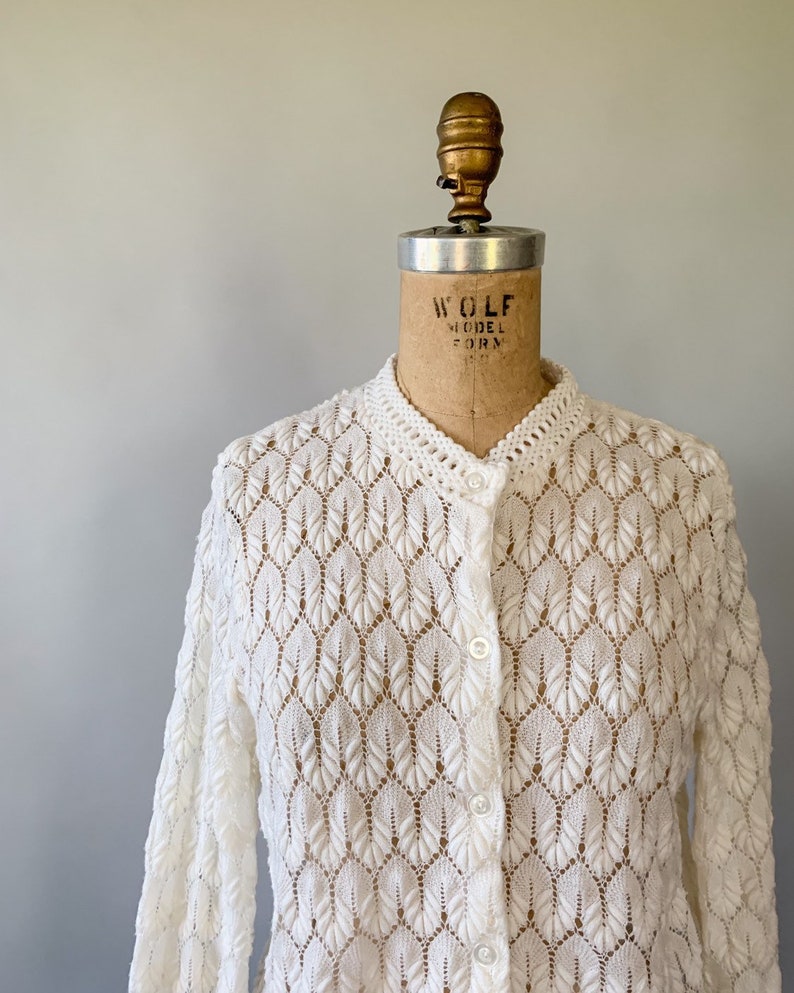 Vintage 1960s cream sheer lightweight scalloped pointelle crochet sweater 60s winter white lacy cardigan Small S