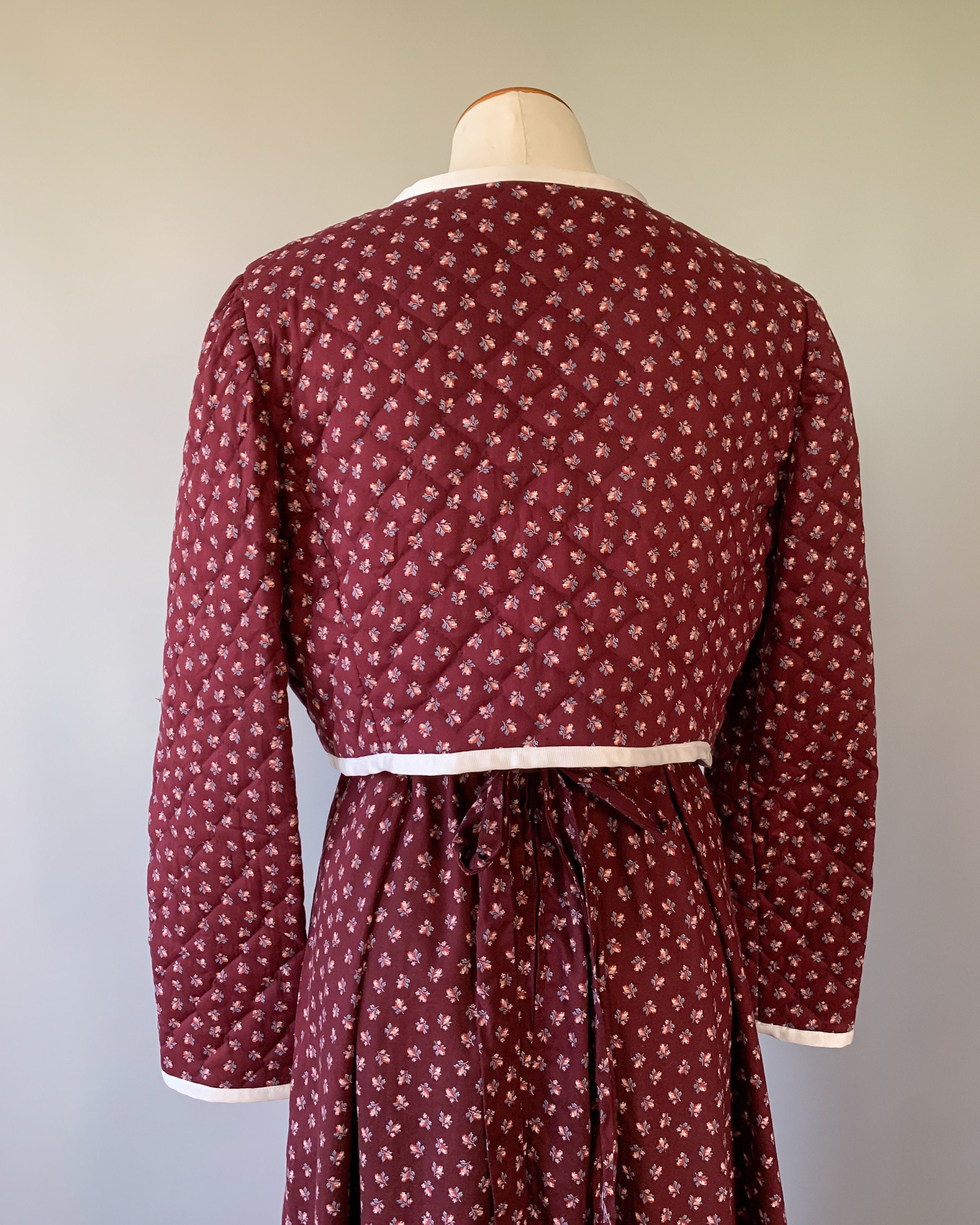 Vintage 1970s Gunne Sax style burgundy floral calico lace trim prairie ...