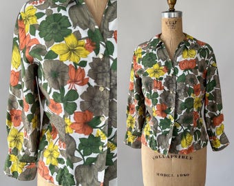 Vintage 50s Top, 1950s 1960s Floral Print Cotton Blouse, Collared Puffed Sleeve Button Front Shirt, White Yellow Green Orange Gray, Small S