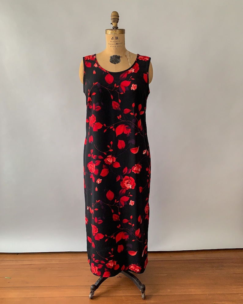 Vintage 1990s vintage black and red rose print sleeveless maxi dress 90s floral maxi dress Valentines day dress large L