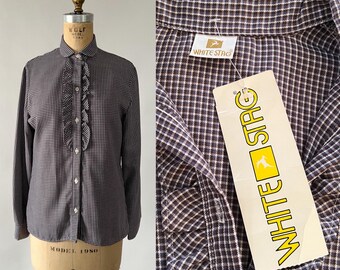 Vintage 80s Top, 1980s White Stag Purple Brown Plaid Ruffled Button Down Shirt, Collared Prairie Blouse, NWT NOS, New Old Stock, Medium M