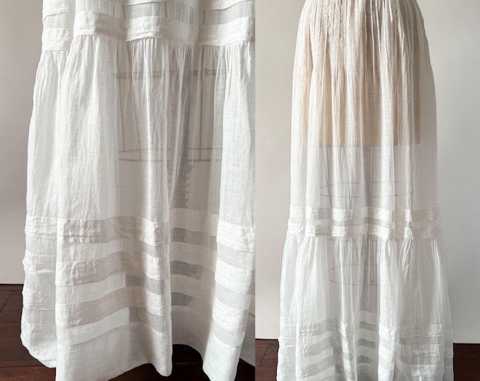 Featured listing image: Antique Skirt, Vintage Edwardian 1900s White Cotton Lawn Sheer Full Length Ruffled Skirt, Gibson Girl Pleated Maxi Long Train, XS 25 26 W