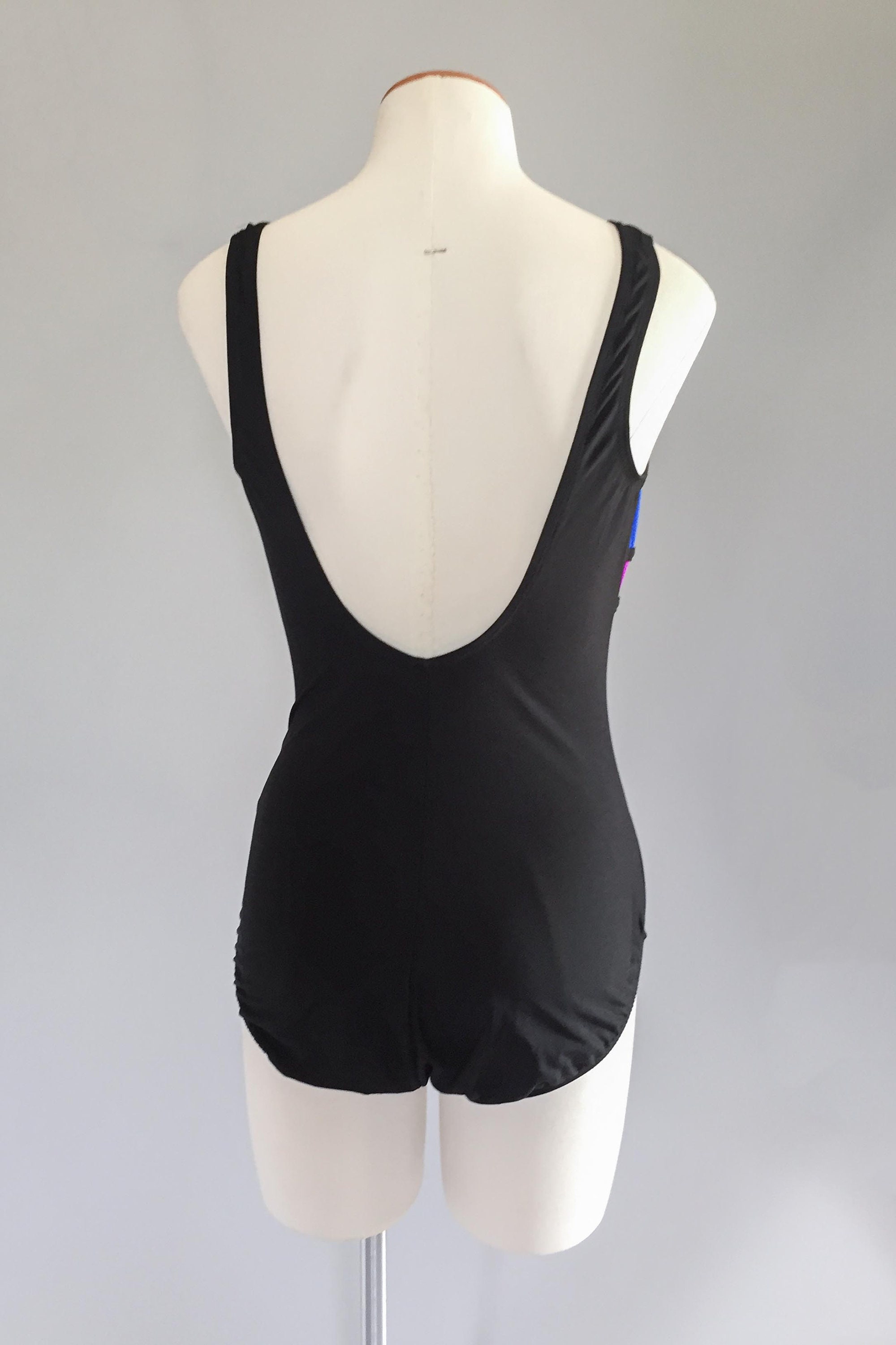 Vintage 1990s black rainbow colorblock one piece scoop back swimsuit by ...