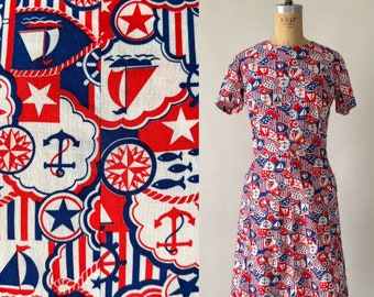 Vintage 70s Dress, 70s 60s Red White Blue USA Patriotic Side Pocket A Line Dress, Anchor Sailboat Star Nautical Novelty Print Cotton, Medium