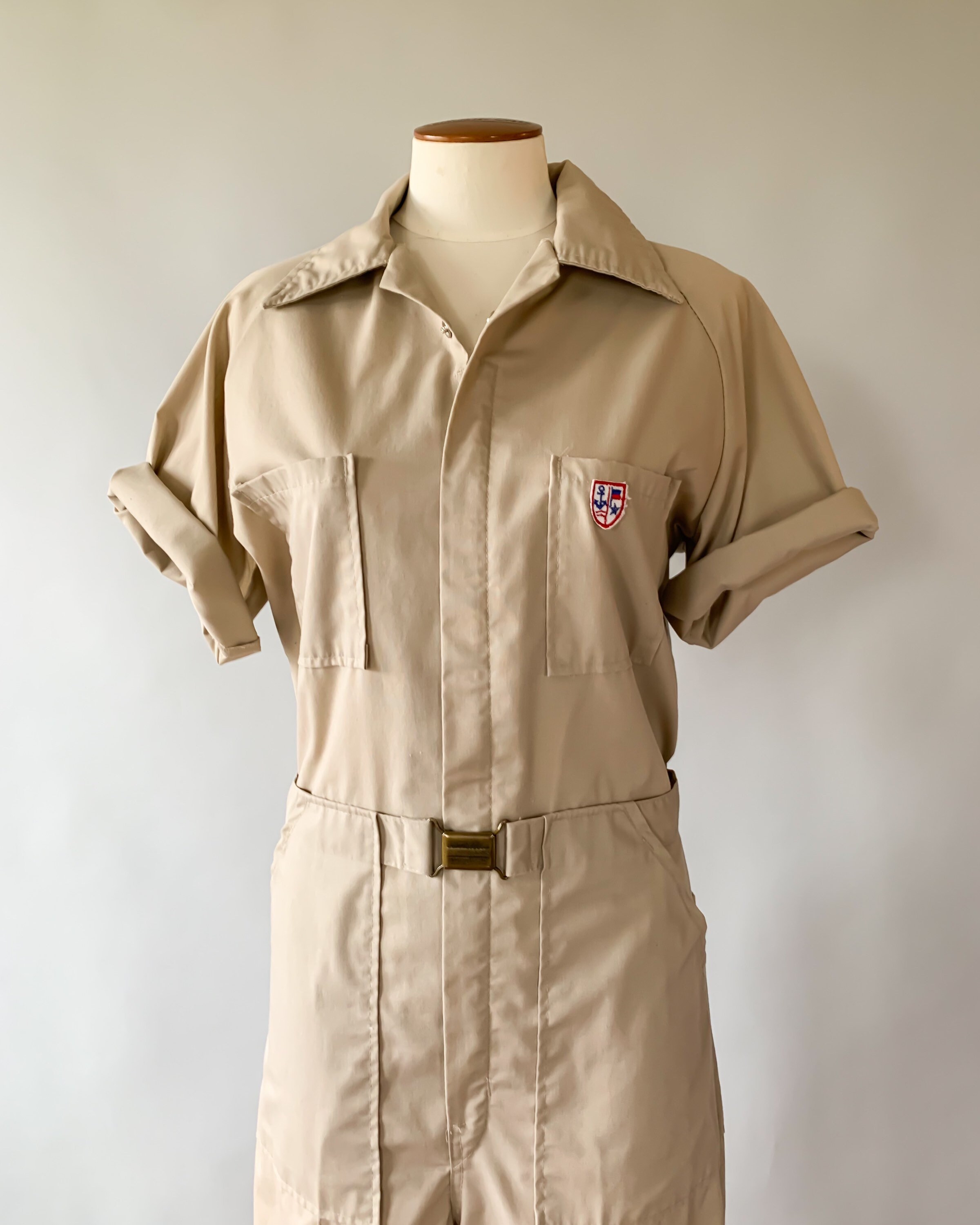 Vintage 1970s 1980s tan coveralls utility jumpsuit Medium M Large L