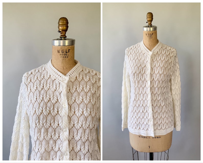 Vintage 1960s cream sheer lightweight scalloped pointelle crochet sweater 60s winter white lacy cardigan Small S