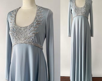 Vintage 60s Dress, 1960s Victoria Royal Ice Blue Jersey Knit Pearl Beaded Low Scoop Neck Maxi Dress, Empire Waist Full Length Gown, Small S