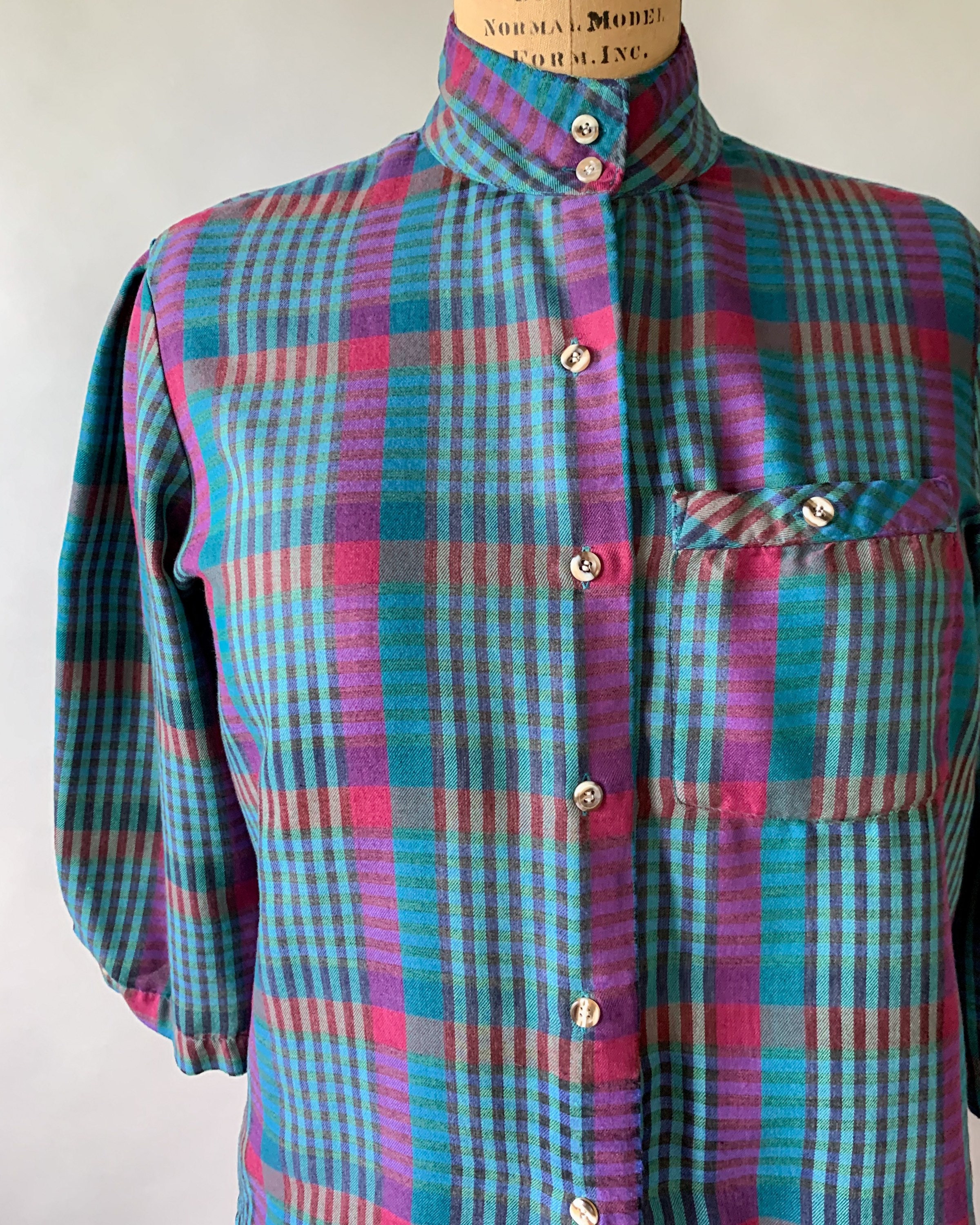 Vintage 1980s teal jewel tone plaid button down shirt, Medium