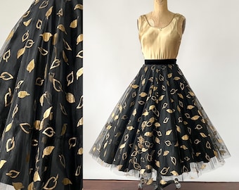 Vintage 50s Skirt, 1950s Wilroy Black Taffeta Tulle Net Full Skirt, Gold Leaf Print Holiday Evening Cocktail Midi, New Years Eve, XS 25 26 W
