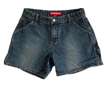 Vintage 90s Shorts, 1990s Y2K Unionbay Faded Blue Gray Cotton Denim Carpenter Shorts, Mid Rise Utility Shorts, Size 9, Small Medium, W30
