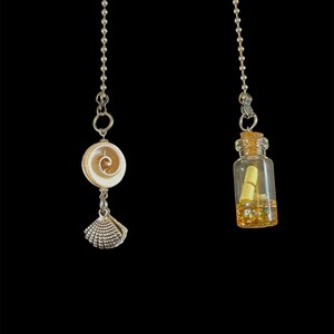 Message in a Bottle with Real Seashell and Pewter Clam Fan Light Pull Chain