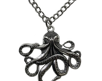 Large Silver Tone Steampunk Octopus Pendant Necklace