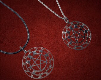 Zodiac Signs & Moon Phases Pendant: Adjustable Faux Leather or Silver Chain