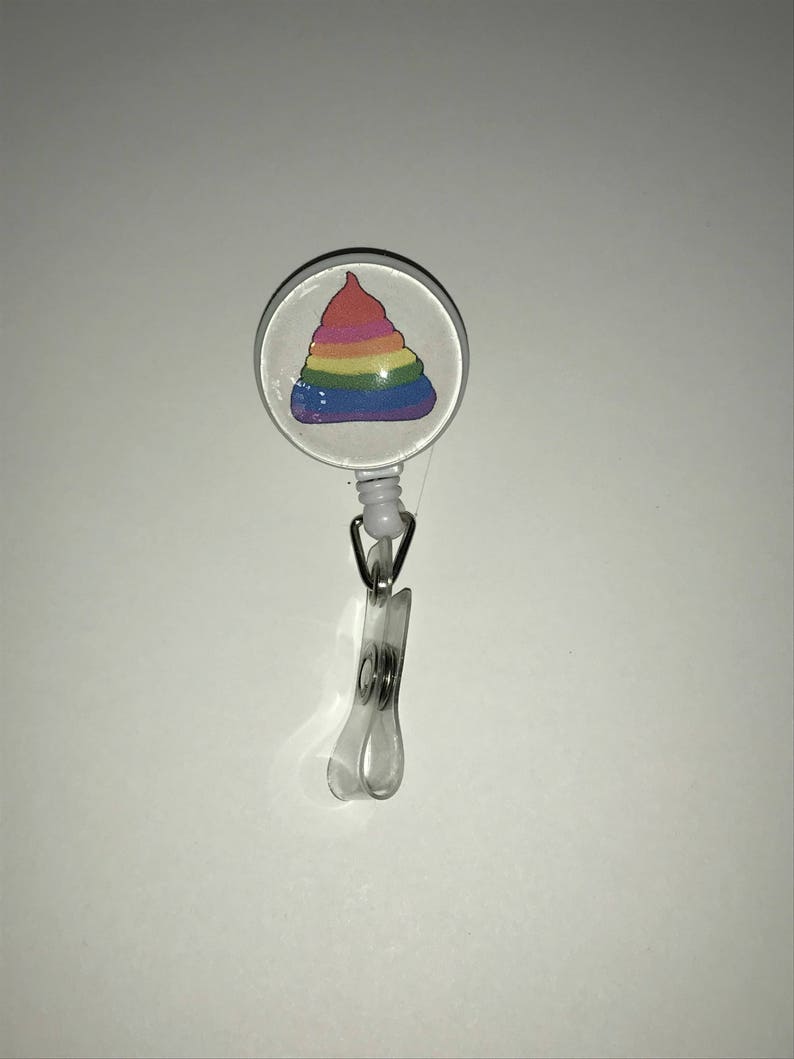 Unicorn Rainbow Poo Badge Reel Holder on alligator swivel clip
