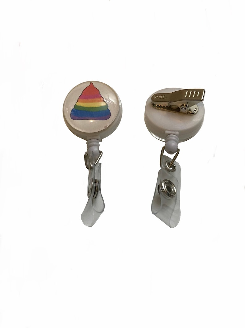 Unicorn Rainbow Poo Badge Reel Holder on alligator swivel clip