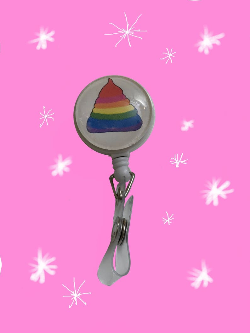 Unicorn Rainbow Poo Badge Reel Holder on alligator swivel clip