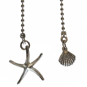May include: Two silver chains with a starfish and seashell charm. The chains are made of small silver beads.