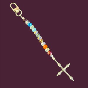 Pewter Cross and Chakra Color Glass Bead Zipper Charm Keychain