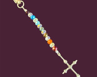 Pewter Cross and Chakra Color Glass Bead Zipper Charm Keychain