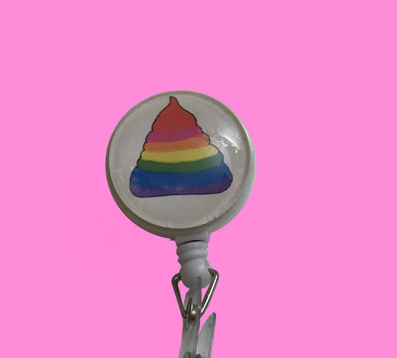 Unicorn Rainbow Poo Badge Reel Holder on alligator swivel clip
