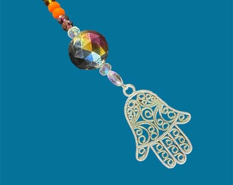 Hanging  Suncatcher or Rear View Mirror Car Charm with Chakra Color and Hamsa Hand