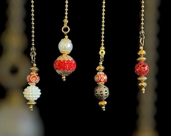 Red & White Beaded Fan Light Pull Chain Set - Bronze or Gold
