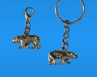 Pewter 3 dimensional Bear Keychain & Matching Zipper Charm Set
