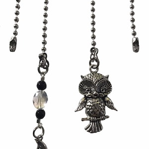 Pewter Owl & Moon with Sun Catching Glass Beads Fan Light Pull Chains