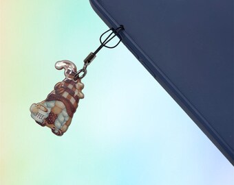 Gnome Drinking Coffee Cell Phone Charm Lanyard