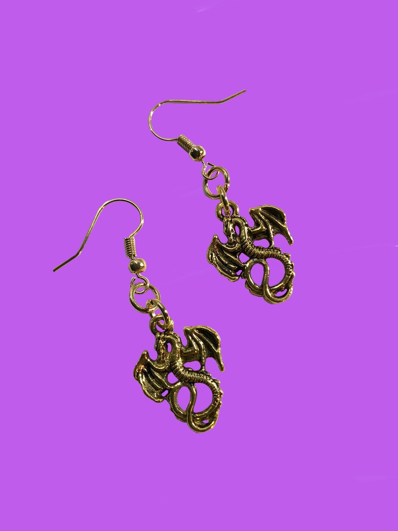 Small Gold Dangle Drop Flying Dragon Earrings