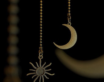 Bronze Color Rustic Sun & Moon Fan Light Pull Chain Set