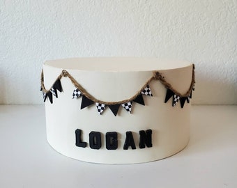 Race car banner with personalized name faux/fake cake