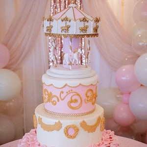 Carousel cake topper / centerpiece / faux party prop - pink, white, gold