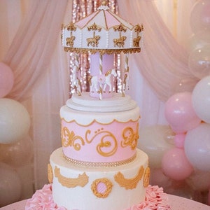 Carousel cake topper / centerpiece / faux party prop - pink, white, gold