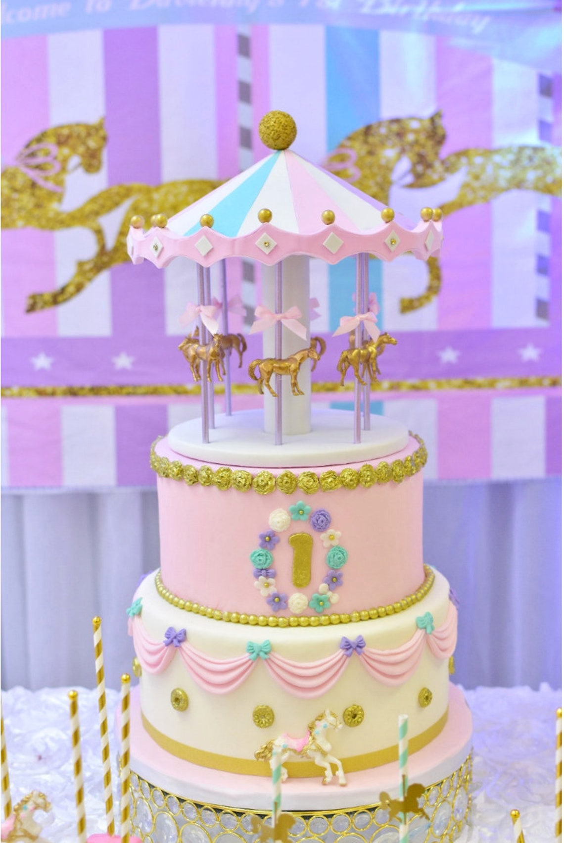 Carousel Cake Topper / Centerpiece Pink White Lavender Etsy