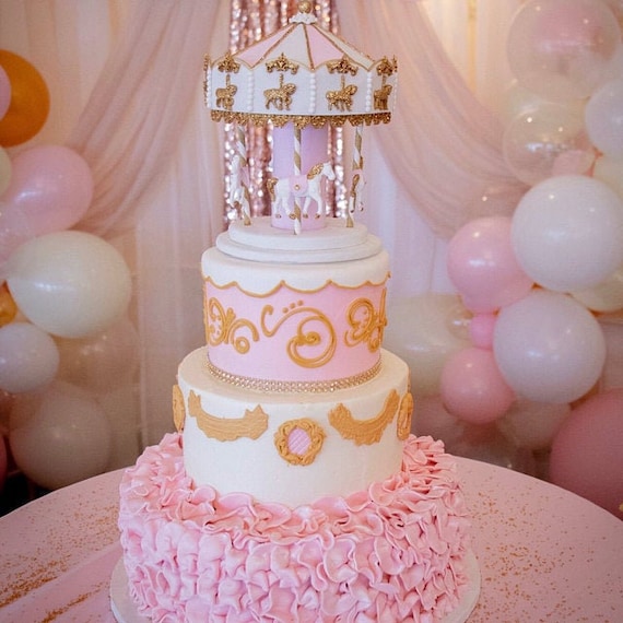 Carousel cake topper / centerpiece / faux party prop - pink, white, gold