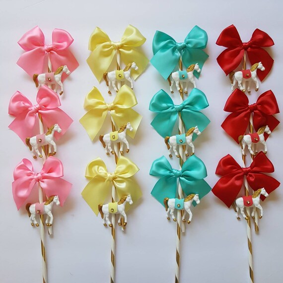 Carousel Horse Cakepop Cupcake Horse Topper And Satin Bow Set Of 6